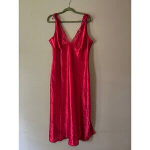 Vintage Red Satin Lace Trim Night Gown By Expressions Size XL With Side Slit